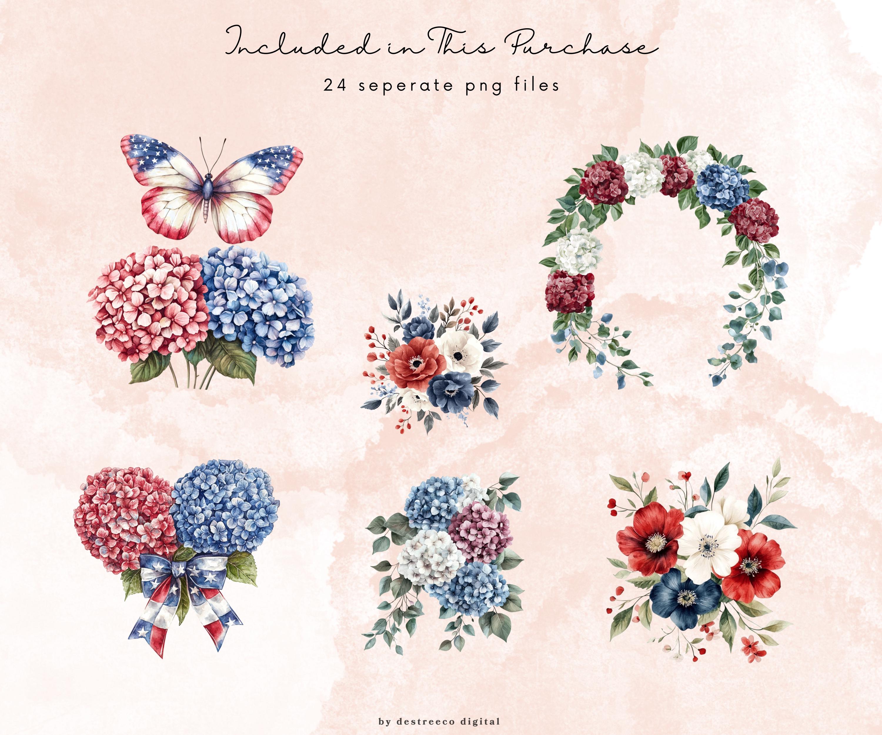 Watercolor Patriotic Summer Floral Bundle Png, 4th of July Day Png ...