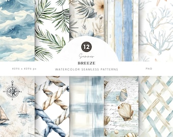 Summer Breeze Seamless Patterns, Neutral Summer Patterns, Vintage Beach Patterns, Repeating Pattern, Scrapbook Paper, Digital Download