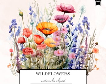 Watercolor Wildflowers Clipart, Wildflower Flowerbed Clipart Bundle, Spring Clipart, Floral Png, Botanical Clipart, Digital Download