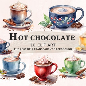 Pu&ograve; includere: Un set di 10 illustrazioni ad acquerello di tazze di cioccolata calda con panna montata. Le tazze sono di vari colori e stili, tra cui blu, rosso, giallo e verde. Le illustrazioni sono perfette per creare progetti digitali o stampati.