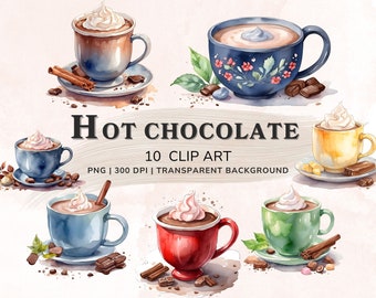Varm choklad Clipart akvarell bunt, varm choklad PNG, korttillverkning, 10 varm chokladmugg transparent clipart, scrapbooking, digital nedladdning