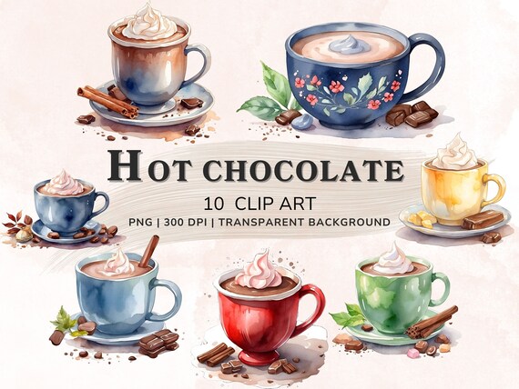 Hot Chocolate Clipart Watercolor Bundle, Hot Cocoa PNG, Card Making, 10 Hot Chocolate Mug Transparent Clipart, Scrapbooking,Digital Download
