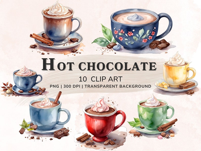Pu&ograve; includere: Un set di 10 illustrazioni ad acquerello di tazze di cioccolata calda con panna montata. Le tazze sono di vari colori e stili, tra cui blu, rosso, giallo e verde. Le illustrazioni sono perfette per creare progetti digitali o stampati.