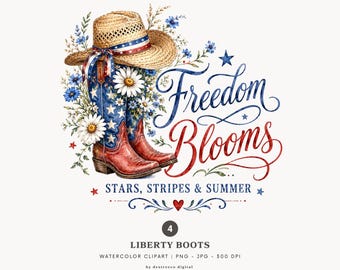 Imágenes prediseñadas patrióticas del Oeste, botas vaqueras en acuarela PNG, diseño de camiseta de sublimación con estampado floral americano de EE. UU. - 553