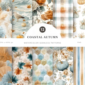 May include: A set of 12 watercolor seamless patterns with a coastal autumn theme. The patterns include pumpkins, flowers, and leaves in shades of blue, orange, and beige. The text "COASTAL AUTUMN" is displayed.