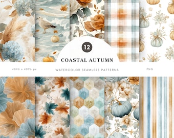 Watercolor Coastal Autumn Seamless Patterns, Cozy Autumn Pattern, Blue Pumpkin Patterns, Repeating Pattern, Scrapbook Paper, Digital Paper