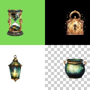 May include: A set of four decorative items with a celestial theme: a gold hourglass with a galaxy inside, a gold padlock with a keyhole, a gold lantern with a galaxy inside, and a green cauldron with a galaxy inside.