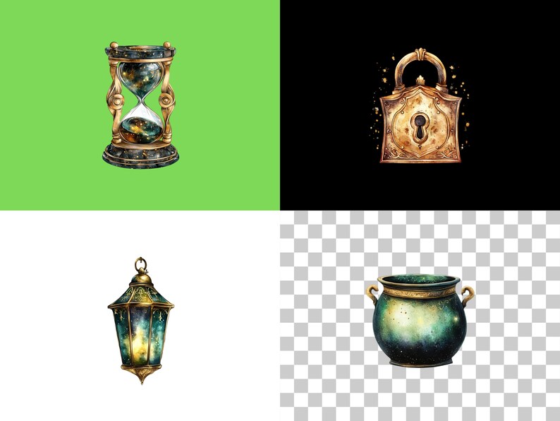 May include: A set of four decorative items with a celestial theme: a gold hourglass with a galaxy inside, a gold padlock with a keyhole, a gold lantern with a galaxy inside, and a green cauldron with a galaxy inside.