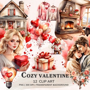 Cozy Valentines Clipart, Watercolor Valentine&#39;s Day Clipart Bundle, 12 Valentines Png Love, Printable Valentines Stickers Digital Download