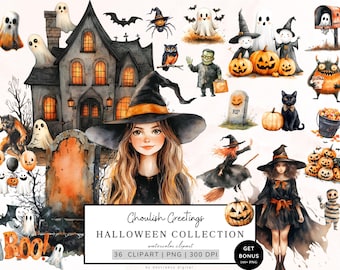 Watercolor Halloween Clipart, Cute Halloween Png Bundle, Cute Fall Png, Black Cat, Ghost, Mummy, Witch Clipart, Pumpkin, Halloween Graphics
