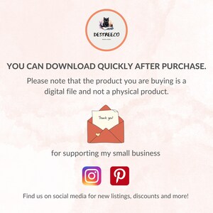 May include: A digital product announcement with the Destreeco logo, a black cat illustration, and the text "YOU CAN DOWNLOAD QUICKLY AFTER PURCHASE." An illustration of an envelope with a "Thank you!" note is included. Social media icons are also present.