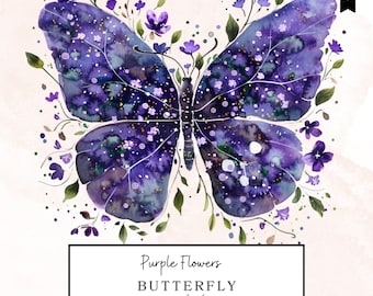 Watercolor Flowers Butterfly Clipart, Purple Floral Butterflies Png, Printable Watercolor Clipart, Floral Png, Junk Journals, Mixed Media