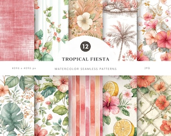 Patrones sin costuras de fiesta tropical en acuarela, patrones florales, patrones de hojas de palmera, papeles digitales tropicales - P39