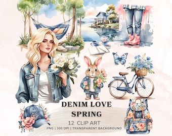 Watercolor Spring Clipart Bundle, Denim Spring Collection, Seasonal Digital Stickers, Florals Png, Watercolor Girl, Spring Wild Flowers