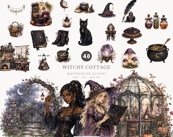 Aquarell-Hexenhütte-Clipart, Halloween-Hexe (PNG), Gothic-Cottagecore-Grafiken, Gruselige Herbst-Clipart - 582