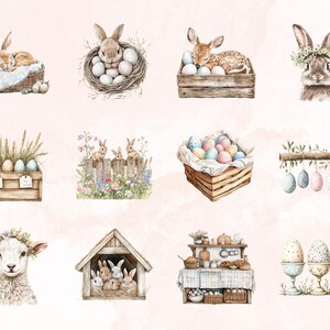 May include: A collection of watercolor illustrations featuring Easter themes. The illustrations include bunnies, chicks, eggs, baskets, and other spring-themed elements.