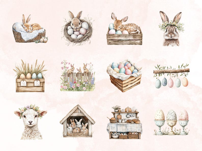 May include: A collection of watercolor illustrations featuring Easter themes. The illustrations include bunnies, chicks, eggs, baskets, and other spring-themed elements.