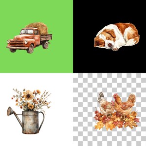 May include: Watercolor illustrations of farm-themed objects. Includes a rusty red pickup truck carrying hay, a sleeping brown and white dog, a watering can filled with flowers, and two chickens on autumn leaves.