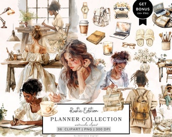 Aquarell Planer Mädchen Clipart, Planung rustikale Clipart, Planer Liebhaber Clipart, Journal Ästhetik Png, Chefin Png, gemütliche Planer Clipart