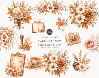 Aquarell Herbst Planer Blumen Clipart, Herbst Strauß PNG, Cottagecore Blumen, Planer Grafiken - 573