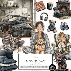 Imágenes prediseñadas del día de la película, gráficos de películas negras, imágenes prediseñadas de cine, imágenes prediseñadas de películas, Cottagecore, palomitas de maíz, pizza, noche de cine, pijamas, hogar acogedor png