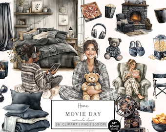 Clipart filmdag, zwarte filmafbeeldingen, bioscoopclipart, filmclipart, Cottagecore, popcorn, pizza, filmavond, pyjama, Cosy Home, png
