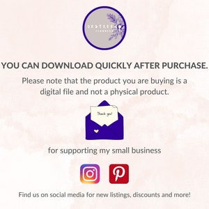 Pu&ograve; includere: Un annuncio di download digitale con il testo "YOU CAN DOWNLOAD QUICKLY AFTER PURCHASE." e "Please note that the product you are buying is a digital file and not a physical product." L'annuncio include anche un biglietto di ringraziamento con un cuore e le icone dei social media per Instagram e Pinterest.