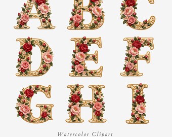 Embroidered Floral Alphabet Clipart, Embroidery Monogram Letters, 26 Letter PNG Set - 666