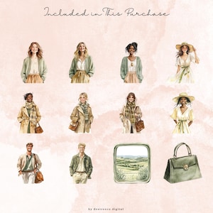 May include: Watercolor illustrations of people in various outfits, including cardigans, coats, and dresses, with accessories like bags and hats. The phrase "Included in This Purchase" is written at the top. A window scene and a green handbag are also included.