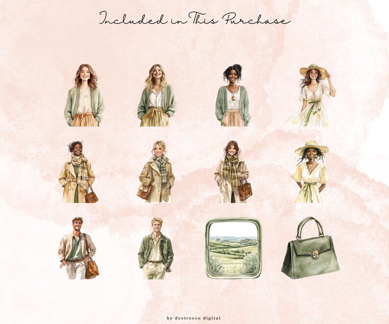 May include: Watercolor illustrations of people in various outfits, including cardigans, coats, and dresses, with accessories like bags and hats. The phrase "Included in This Purchase" is written at the top. A window scene and a green handbag are also included.