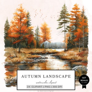 Imágenes prediseñadas de acuarela otoño junto al lago, paisaje del bosque de otoño, imágenes prediseñadas del paisaje de otoño, artesanía de papel, fabricación de tarjetas, medios mixtos, descarga digital