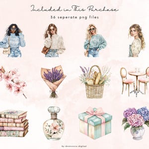 May include: A set of 36 watercolor illustrations featuring fashion, flowers, food, and home decor. The illustrations include a woman wearing a blue sweater, a woman wearing a white sweater, a woman wearing a blue sweater, a woman wearing a floral dress, a bouquet of lavender, a basket of bread, a table and chairs, a stack of books, a bottle of perfume, and a bouquet of hydrangeas.