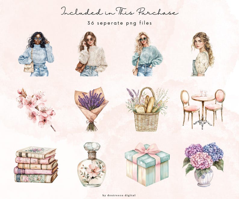 May include: A set of 36 watercolor illustrations featuring fashion, flowers, food, and home decor. The illustrations include a woman wearing a blue sweater, a woman wearing a white sweater, a woman wearing a blue sweater, a woman wearing a floral dress, a bouquet of lavender, a basket of bread, a table and chairs, a stack of books, a bottle of perfume, and a bouquet of hydrangeas.