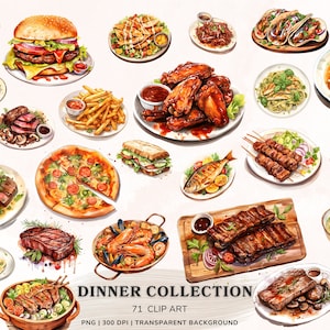 Aquarel diner clipart, diner menu PNG Jpg-afbeeldingen, heerlijke maaltijd clipart bundel, voedsel beelden transparante achtergrond, digitale download