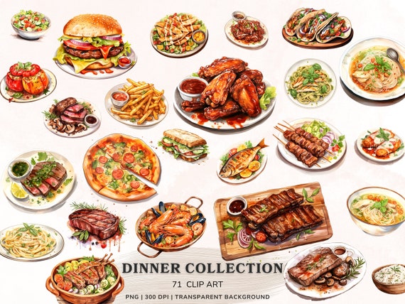 Watercolor Dinner Clipart, Dinner Menu Png Jpg Graphics, Delicious Meal Clipart Bundle, Food Images Transparent Background, Digital Download