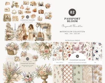 Paquete de imágenes prediseñadas de viajes en acuarela, PNG de Europa vintage, gráficos florales de vacaciones, colección digital de estilo cottagecore parisino