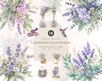 水彩ラベンダー田園風景フローラルバンドルPNG、イングリッシュラベンダークリップアート、ウェディングフラワーPNG、デジタルダウンロード - 523