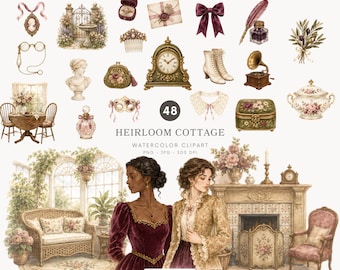 Aquarell Erbstück Cottage Clipart, viktorianischer Herbst PNG, Grandmillennial Dekor, feminine Cottagecore Grafiken - 580