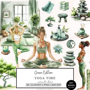 Yoga clipartbundel, aquarel groene yogatijd png, yogaliefhebber, meditatie clipart, lotus clipart, zelfzorg png, ontspanning fitness jpg
