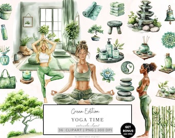 May include: A watercolor clipart set featuring yoga poses, plants, and other elements related to wellness and relaxation. The set includes 36 individual images in PNG format, each measuring 300 DPI. The set is titled "Green Edition Yoga Time".