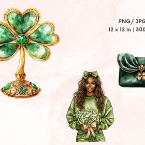 May include: A watercolour illustration of a green shamrock with gold accents, a green purse with a gold clasp and a shamrock charm, and a woman with brown hair wearing a green sweater and holding a bouquet of white flowers.