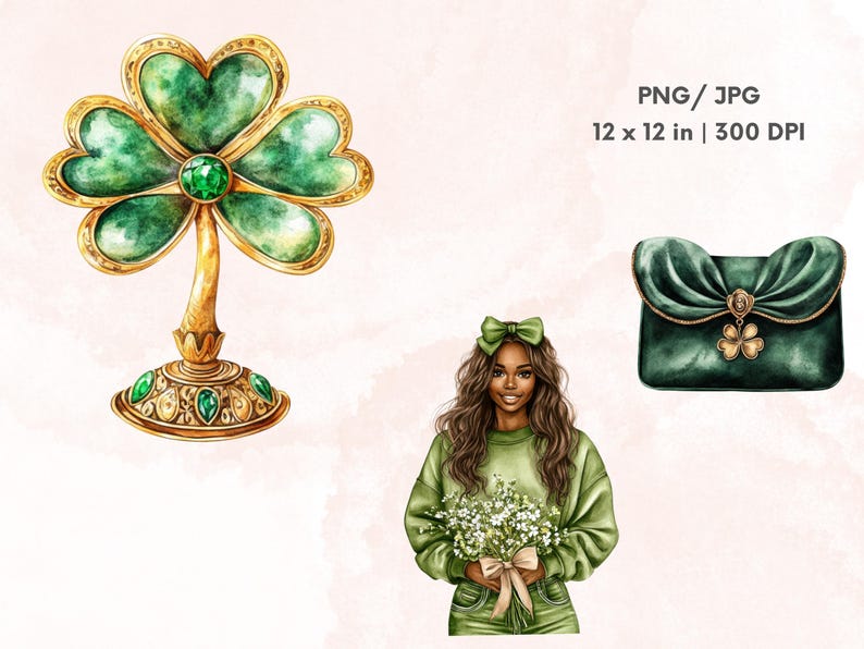 May include: A watercolour illustration of a green shamrock with gold accents, a green purse with a gold clasp and a shamrock charm, and a woman with brown hair wearing a green sweater and holding a bouquet of white flowers.