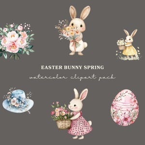 May include: Watercolor clipart pack featuring Easter bunnies, flowers, a hat, and an egg. The bunnies are holding flowers and a basket. The egg is decorated with flowers. The text "EASTER BUNNY SPRING watercolor clipart pack" is written in the center of the image.