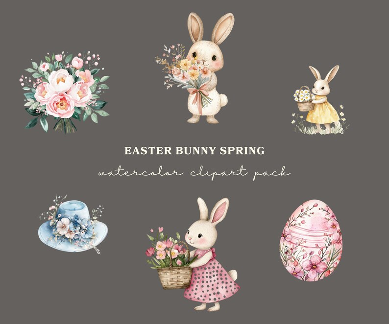 May include: Watercolor clipart pack featuring Easter bunnies, flowers, a hat, and an egg. The bunnies are holding flowers and a basket. The egg is decorated with flowers. The text "EASTER BUNNY SPRING watercolor clipart pack" is written in the center of the image.