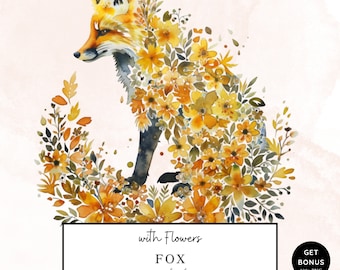 Clipart floreale volpe, volpe acquerello con fiori, clipart animali del bosco, grafica png volpi, baby volpe Png, supporti misti, download digitale