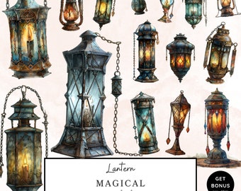 Imágenes prediseñadas de linterna mágica, imágenes prediseñadas mágicas, imágenes prediseñadas de lámpara de linterna de fantasía, imágenes prediseñadas de academia oscura, imágenes prediseñadas de acuarela imprimibles de elementos mágicos
