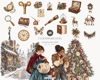 Victorian Christmas Watercolor Clipart Bundle, Vintage Clockwork Holiday PNGs, Steampunk Winter Digital Download - 652