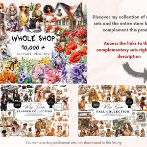May include: A digital illustration of a watercolor clipart collection for planners. The collection includes 385 images and is called "Planner Collection". The collection features images of women, flowers, and fall-themed items. The collection also includes 360 images and is called "Fall Collection". The collection features images of women, flowers, and fall-themed items.