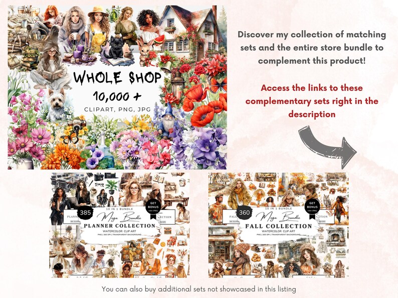 May include: A digital illustration of a watercolor clipart collection for planners. The collection includes 385 images and is called "Planner Collection". The collection features images of women, flowers, and fall-themed items. The collection also includes 360 images and is called "Fall Collection". The collection features images of women, flowers, and fall-themed items.