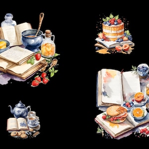 May include: Four watercolor illustrations of food and books. The first image shows a blue bowl of soup, a bottle of liquid, and two open books. The second image shows a cake with berries and a book. The third image shows a teapot, two cups, cookies, and an open book. The fourth image shows a sandwich, a bowl of berries, a bowl of oranges, and an open book.